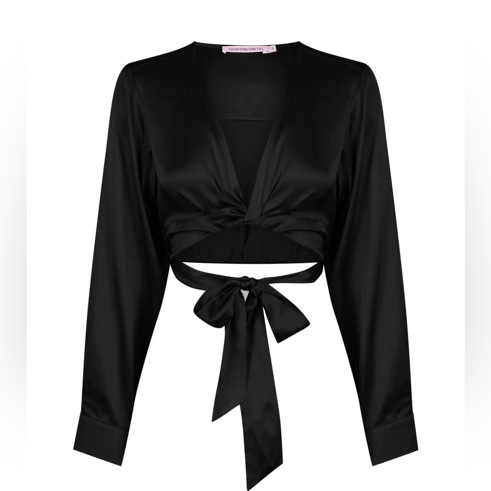 Hansen & Gratel Black Satin Tie-Front Long Sleeve Crop Top NWT